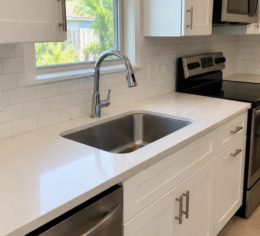 The same kitchen after cleaning: clear quartz counters and an empty, shining sink
