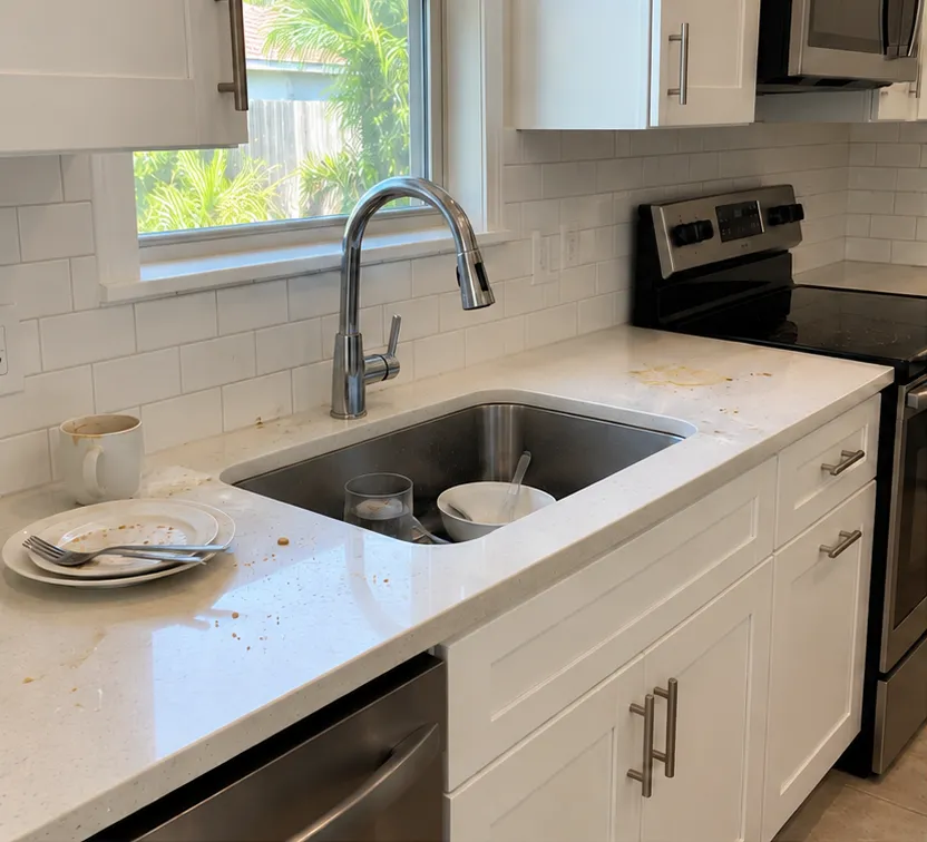 A kitchen before cleaning: dishes in the sink and crumbs on the counter