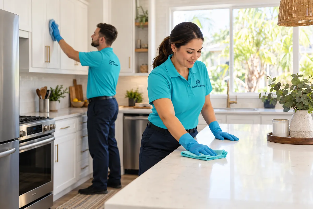 Two Kar Kleaning cleaners wiping white cabinets and a quartz kitchen island with microfiber cloths