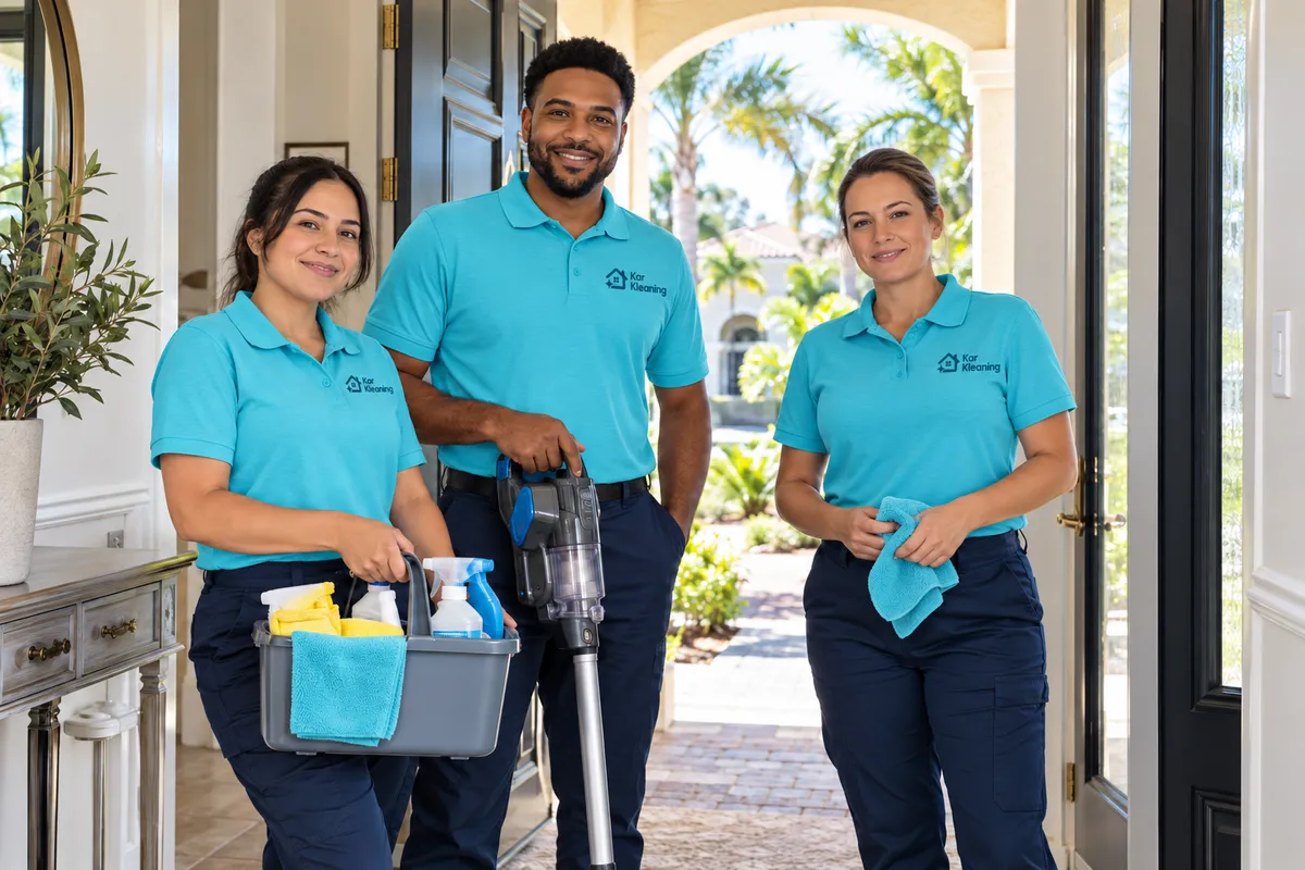 Three members of the Kar Kleaning team in turquoise uniforms with cleaning supplies at the entrance of a Florida home